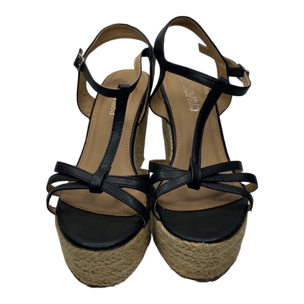 KRUSH Women’s Black Woven Strappy Open Toe Wedge Platform Sandals Size 6